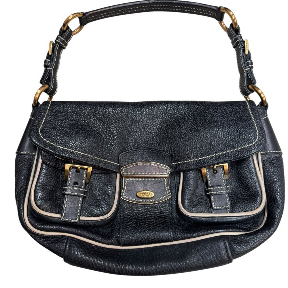 Prada Vitello Daino BR2668 Black Deerskin Leather Shoulder Bag Vintage EUC - Picture 1 of 6